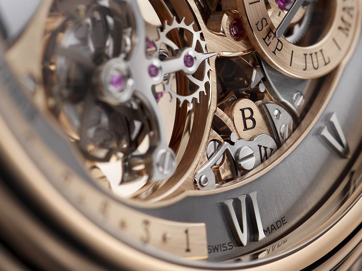 Primer plano de los puentes en oro del Blancpain Grande Double Sonnerie con acabados artesanales.