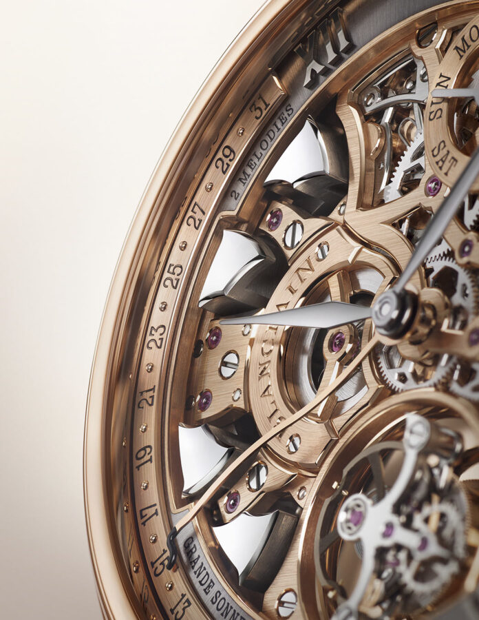 Detalle del calibre del Grande Double Sonnerie con índices romanos y componentes visibles desde la esfera.