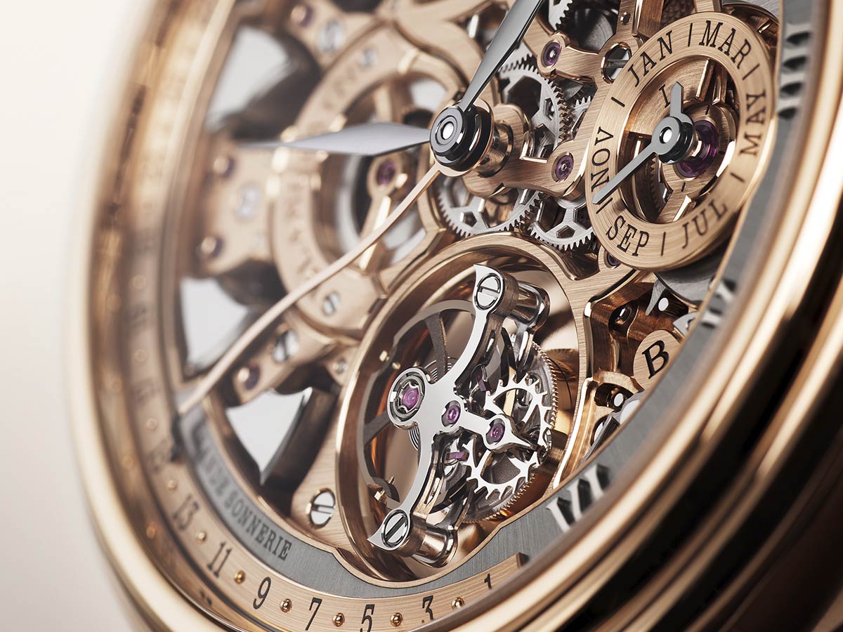 Detalle del tourbillon volante y las subesferas del calendario perpetuo del Blancpain Grande Double Sonnerie.