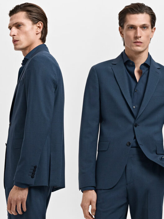 traje azul índigo de Mango en vista frontal y lateral para mostrar su corte slim