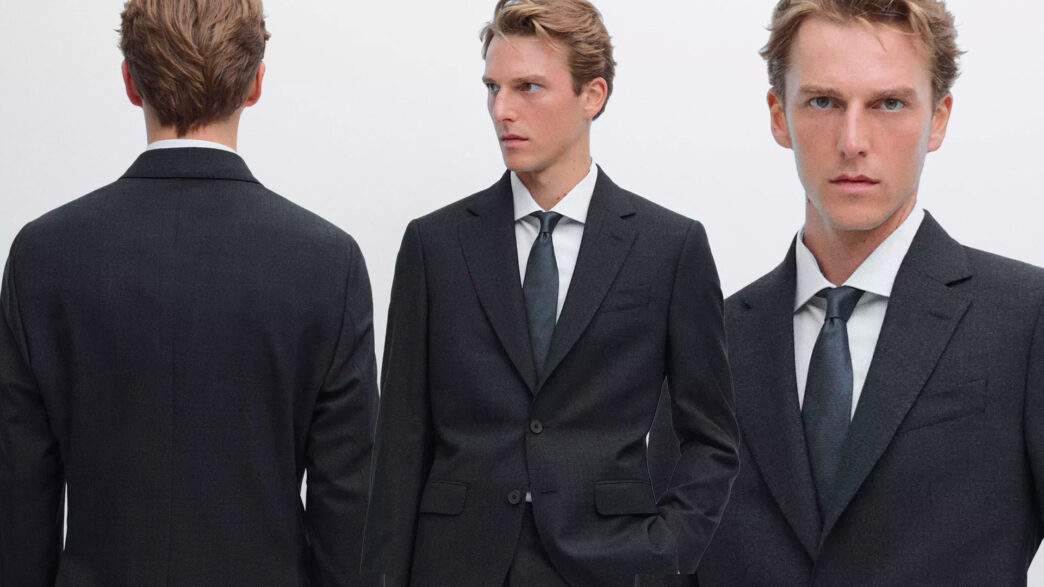 Collage de un hombre con traje oscuro y corbata azul posando de frente y de espaldas.
