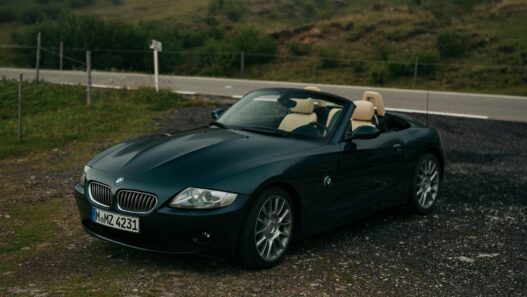BMW Z4 de primera generación descapotado estacionado junto a una carretera de montaña.