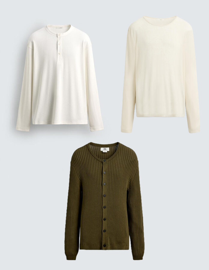 Camisetas cuello panadero y cárdigan verde de canalé de Zara combinados en capas
