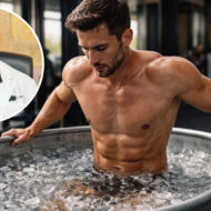 David Céspedes, experto en longevidad: "Los baños de agua helada después de entrenar hacen que ganes menos masa muscular" Retrato del experto en longevidad David Céspedes y un hombre dándose un baño de agua congelada en un gimnasio, después de entrenar