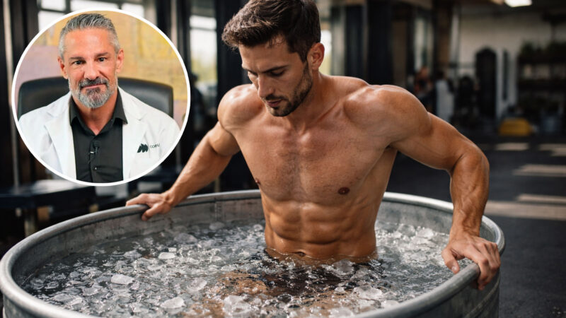 Retrato del experto en longevidad David Céspedes y un hombre dándose un baño de agua congelada en un gimnasio, después de entrenar