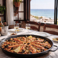 Estos son los restaurantes donde sirven el mejor arroz de Málaga fotografía del interior de un restaurante típico andaluz con una mesa con un mantel blanco y una gran paella, en el restaurante hay una ventada desde la que se ve el mar de fondo.