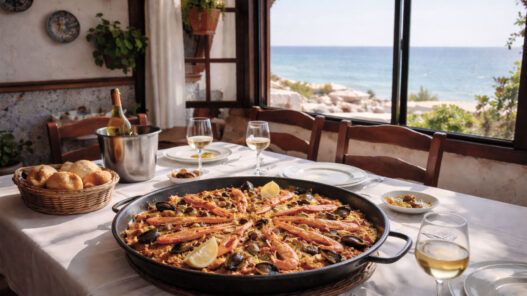 fotografía del interior de un restaurante típico andaluz con una mesa con un mantel blanco y una gran paella, en el restaurante hay una ventada desde la que se ve el mar de fondo.