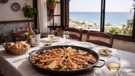 fotografía del interior de un restaurante típico andaluz con una mesa con un mantel blanco y una gran paella, en el restaurante hay una ventada desde la que se ve el mar de fondo.