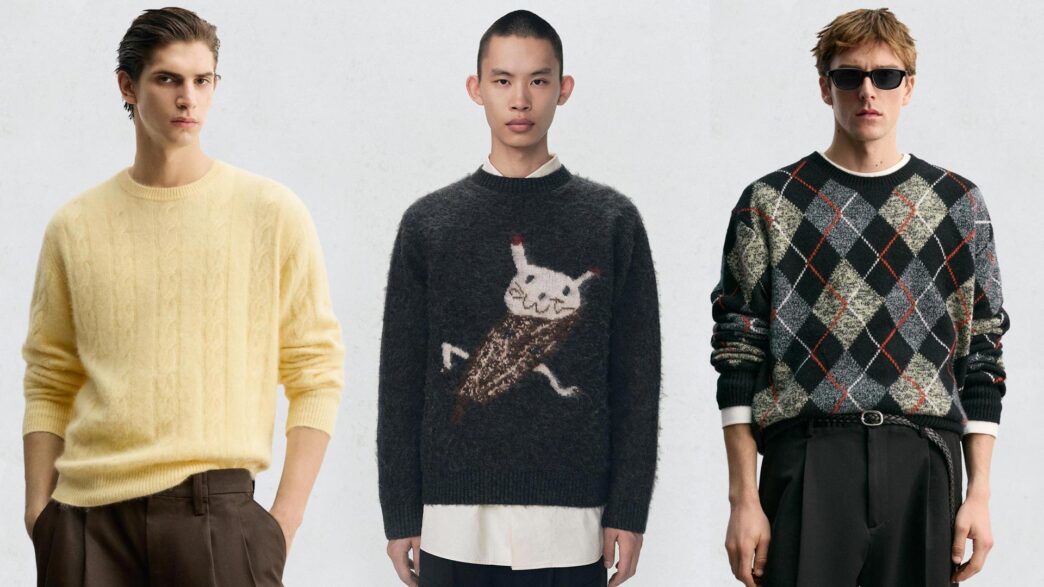 Tres modelos vestidos con jerseys de zara de la colección de Zara Navidad 2025