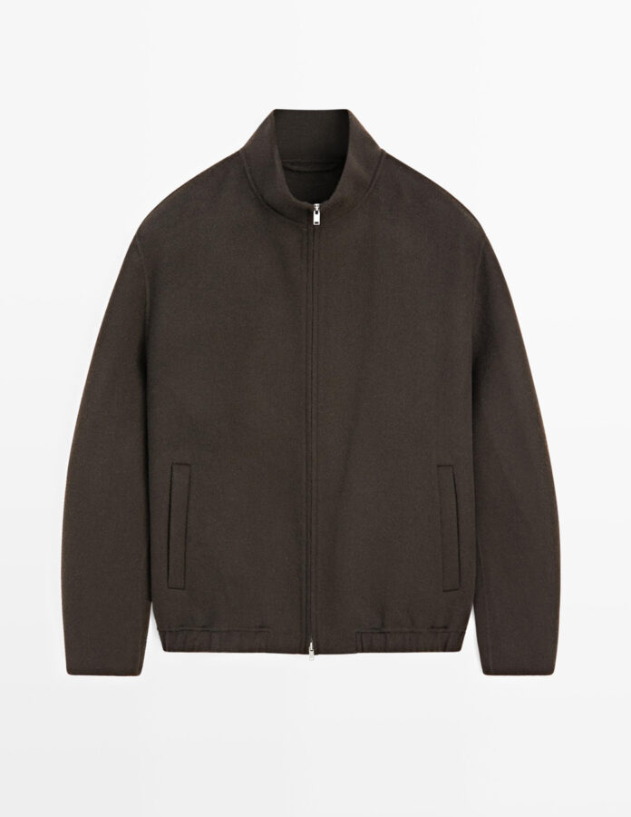 Cazadora marrón chocolate de mezcla de lana Massimo Dutti con cuello alto y cremallera