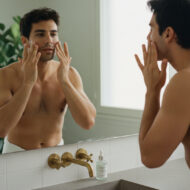 Los mejores sérums con niacinamida específicos para hombre hombre de 30 años aplicándose un sérum frente al espejo del cuarto de baño. Imagen destacada de un artículo sobre serums con Niacinamida para hombre