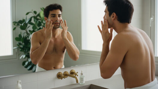hombre de 30 años aplicándose un sérum frente al espejo del cuarto de baño. Imagen destacada de un artículo sobre serums con Niacinamida para hombre