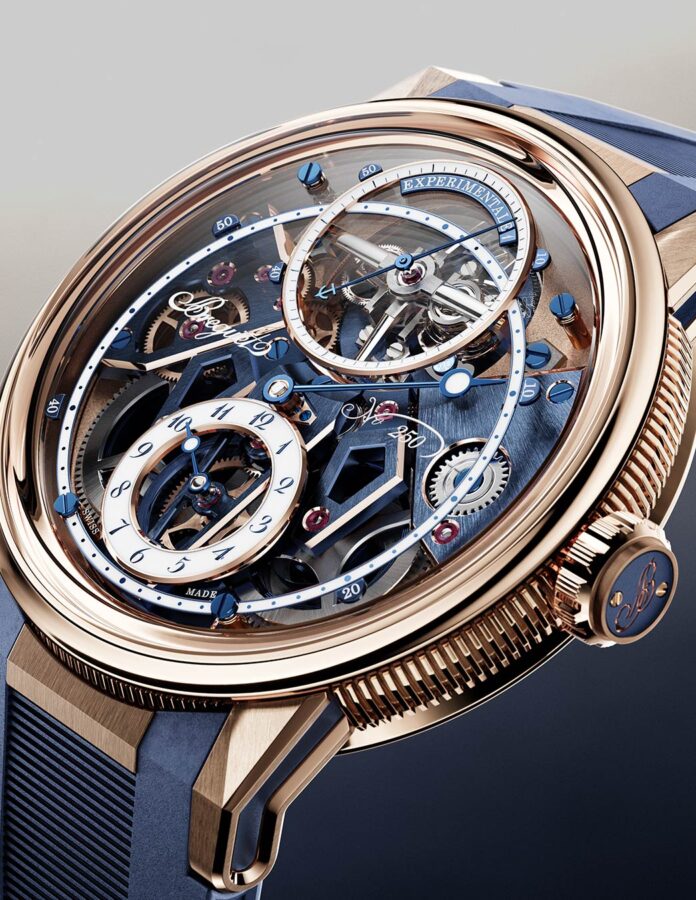 Vista lateral del Breguet Expérimentale 1 en oro Breguet con visualización tipo regulador