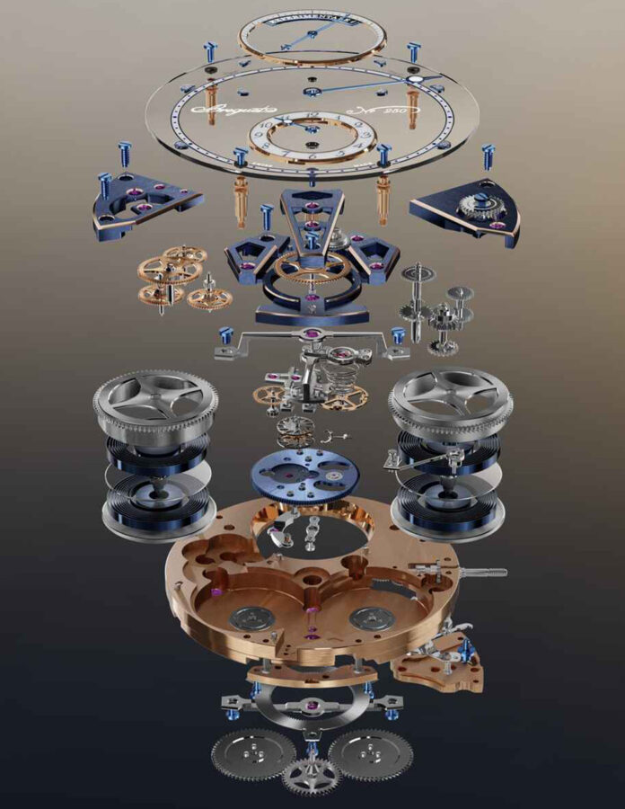 Despiece completo del movimiento del Breguet Expérimentale 1 con doble barrilete y puentes de oro