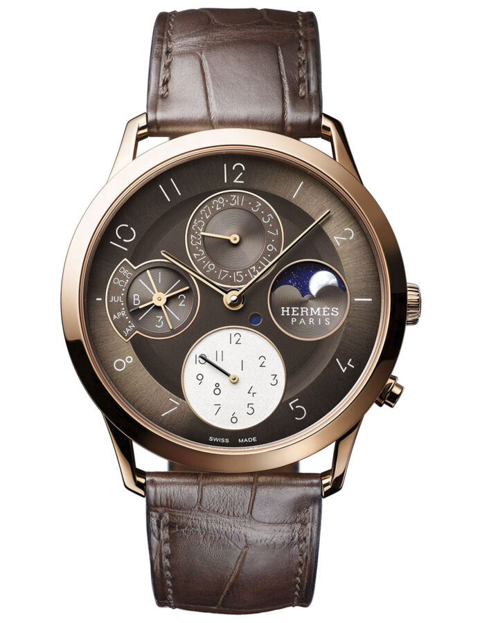 Slim d’Hermès Quantième Perpétuel con correa de aligátor habano y complicaciones completas