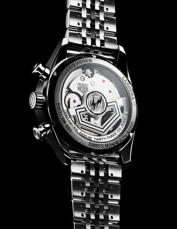 Movimiento TH20-00 personalizado con el rayo fragment en el fondo de zafiro del TAG Heuer Carrera Limited Edition.