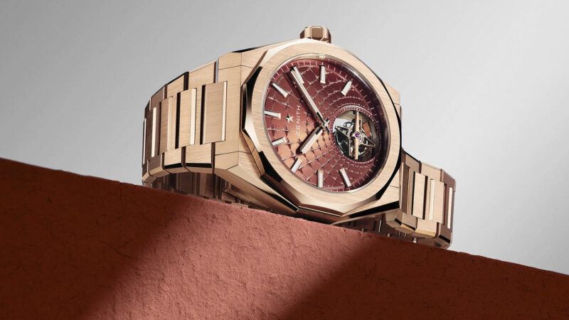 Zenith Defy Skyline Tourbillon en oro rosa con brazalete integrado y tourbillon visible a las 6 horas.