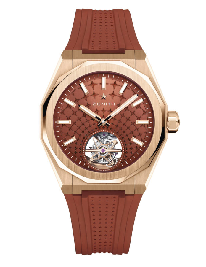 Zenith Defy Skyline Tourbillon en oro rosa con esfera cielo estrellado y correa de caucho intercambiable.