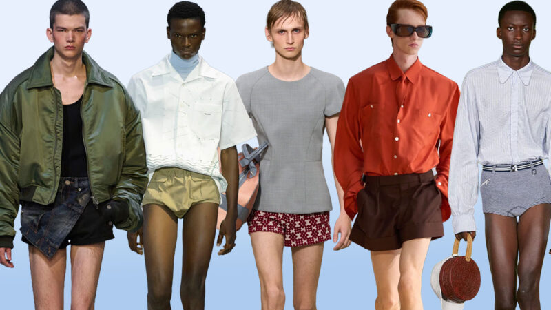 Collage con diferentes modelos masculinos desfilando con pantalones muy cortos por encima de la rodilla