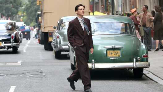 El actor Timothée Chalamet en una escena de la película Marty Supreme andando por la calle con un traje cruzado
