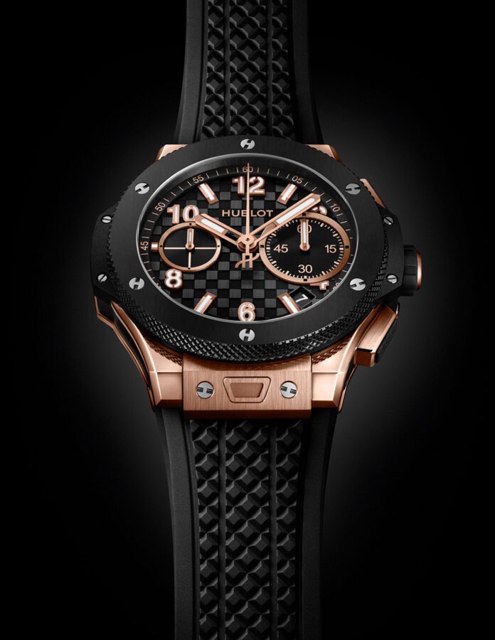 Detalle lateral del Hublot Big Bang Original Unico King Gold Ceramic con corona recubierta de caucho