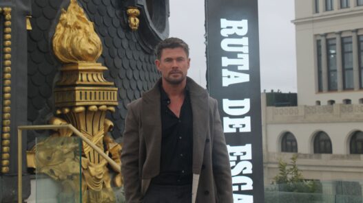 Chris Hemsworth con una camisa negra y un abrigo gris bajo la lluvia en Madrid presentando la película Ruta de escape.