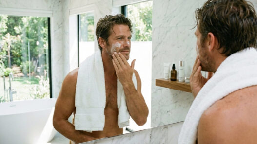 hombre muy atractivo, como de 40 años, poniéndose crema en el rostro después de darse un baño