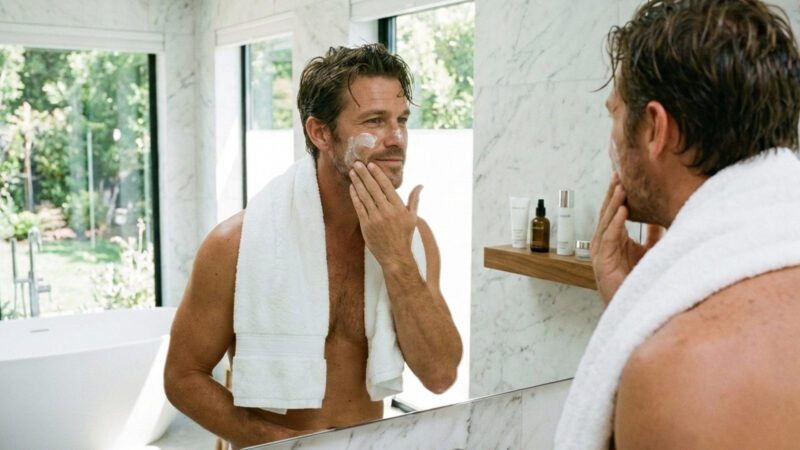 hombre muy atractivo, como de 40 años, poniéndose crema en el rostro después de darse un baño