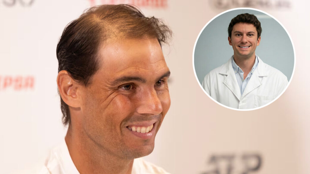 Imagen destacada de un artículo sobre el cuidado del cabello y los transplantes capilares con Rafael Nadal con poco pelo y el dr. Margalejo de la clínica Insparya