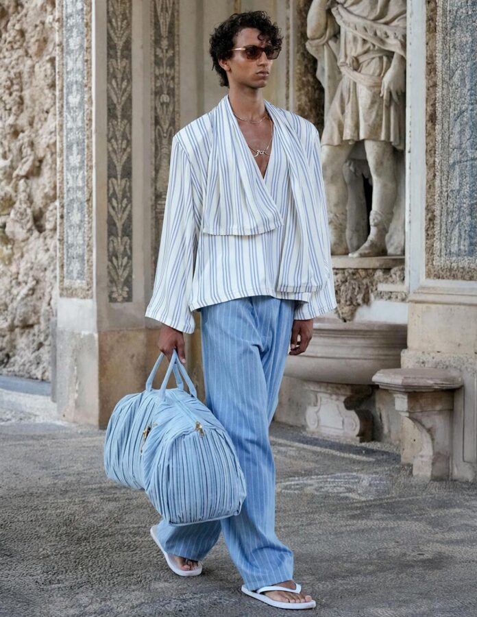 modelo de la firma Rowen desfilando con un look pijamero temporada primavera/verano 2026