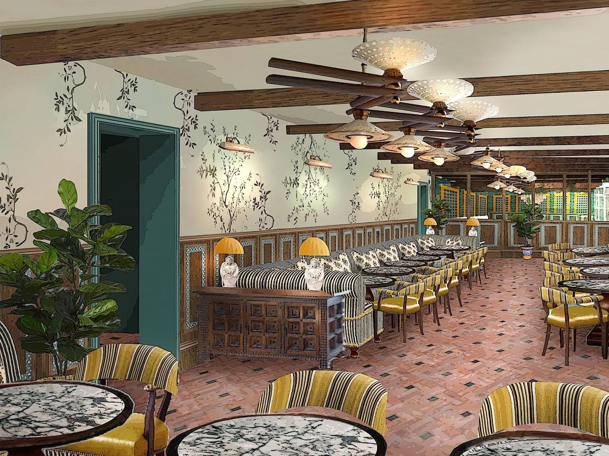 Boceto del interior de Soho House Madrid, un elegante salón con mesitas para tomar el té, puertas verdes y paredes empapeladas.