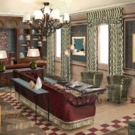 El club privado de DiCaprio, Kate Moss o Madonna llega a Madrid: así será el nuevo Soho House que abrirá en Chueca en 2026 Boceto de unos de los salones de Soho House Madrid, con cortinas y sofás color burdeos.