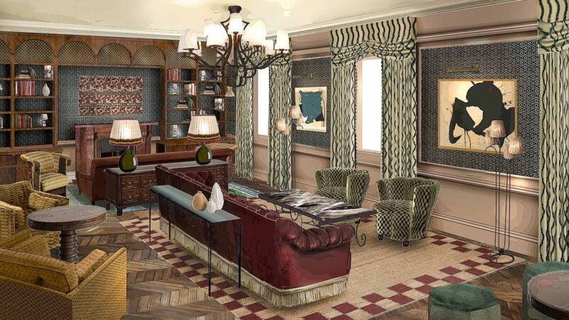 Boceto de unos de los salones de Soho House Madrid, con cortinas y sofás color burdeos.