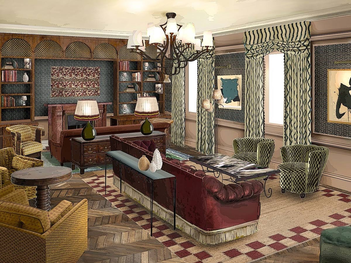 Boceto del interior del Soho House Madrid, un salón decorado con cortinas verdes, sofás burdeos, sillones color mostaza, alfombras y paredes empapeladas.