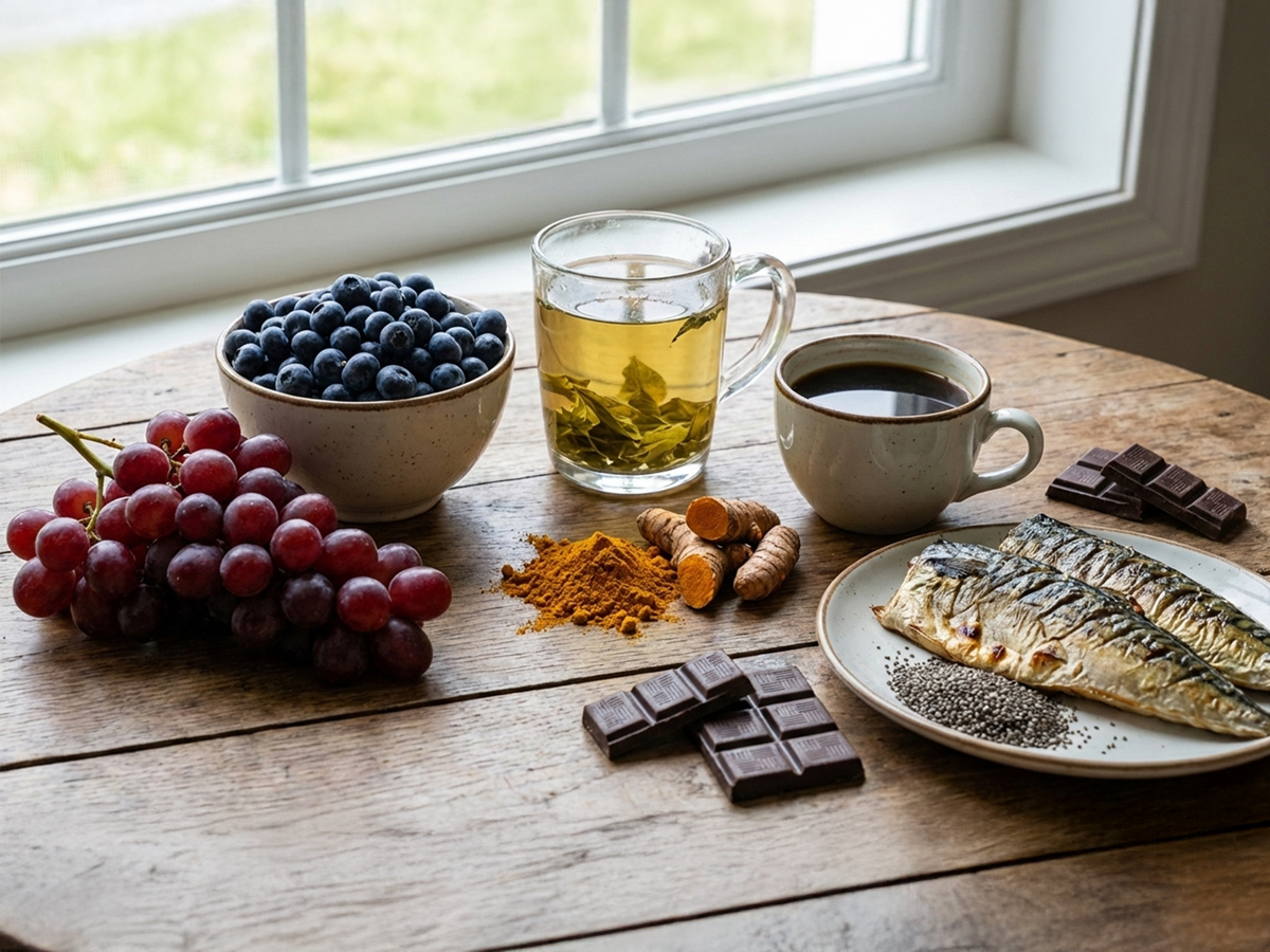 Bodegón de uvas, arándanos, té verde, pescado azul, café y chocolate, alimentos que cuidan la salud del cerebro.
