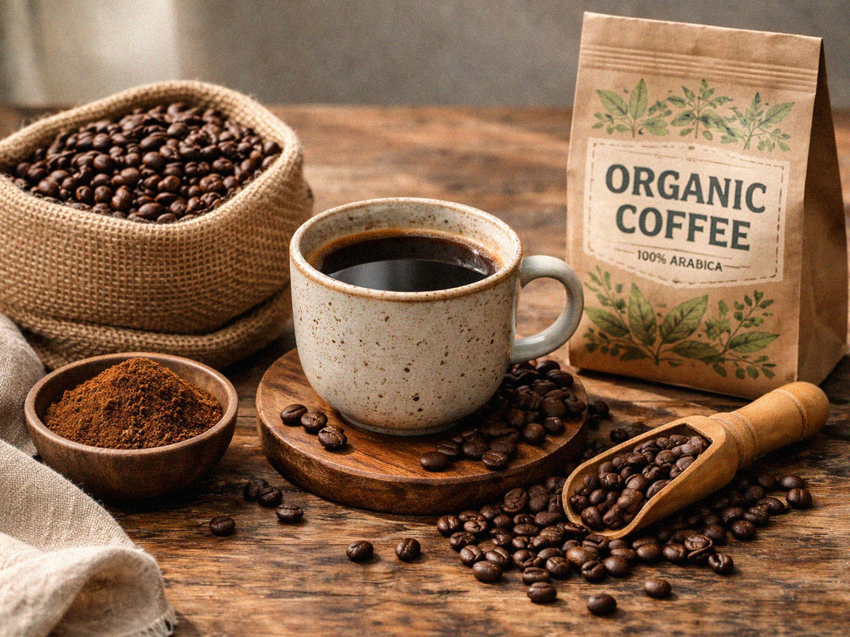 Fotografía que muestra un bodegón de café orgánico en una mesa de madera