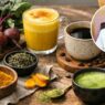 Fotografía de un bodegón de ingredientes naturales y zumos que son sanos para el cerebro. En la esquina superior derecha se muestra un retrato del experto en longevidad David Céspedes.