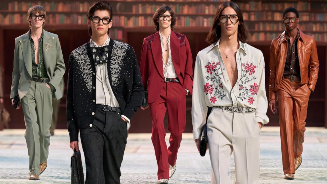 Collage que muestra a diferentes modelos masculinos desfilando durante el desfile de la firma Amiri otoño invierno 2026 en París