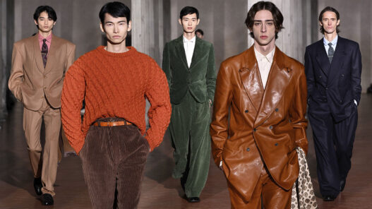 Collage que muestra a diferentes modelos del desfile del diseñador Soshi Otsuki durante la presentación de su colección en Pitti Uomo 2026