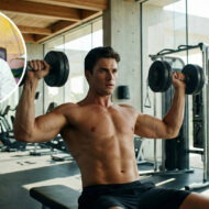 David Céspedes, experto en longevidad: “Este es el mejor plan de entrenamiento que puedes seguir si quieres ganar masa muscular” modelo entrenando hombro con mancuerna en un gimnasio iluminado con luz natural