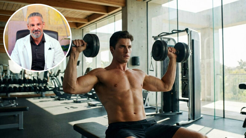 modelo entrenando hombro con mancuerna en un gimnasio iluminado con luz natural