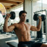 modelo entrenando hombro con mancuerna en un gimnasio iluminado con luz natural