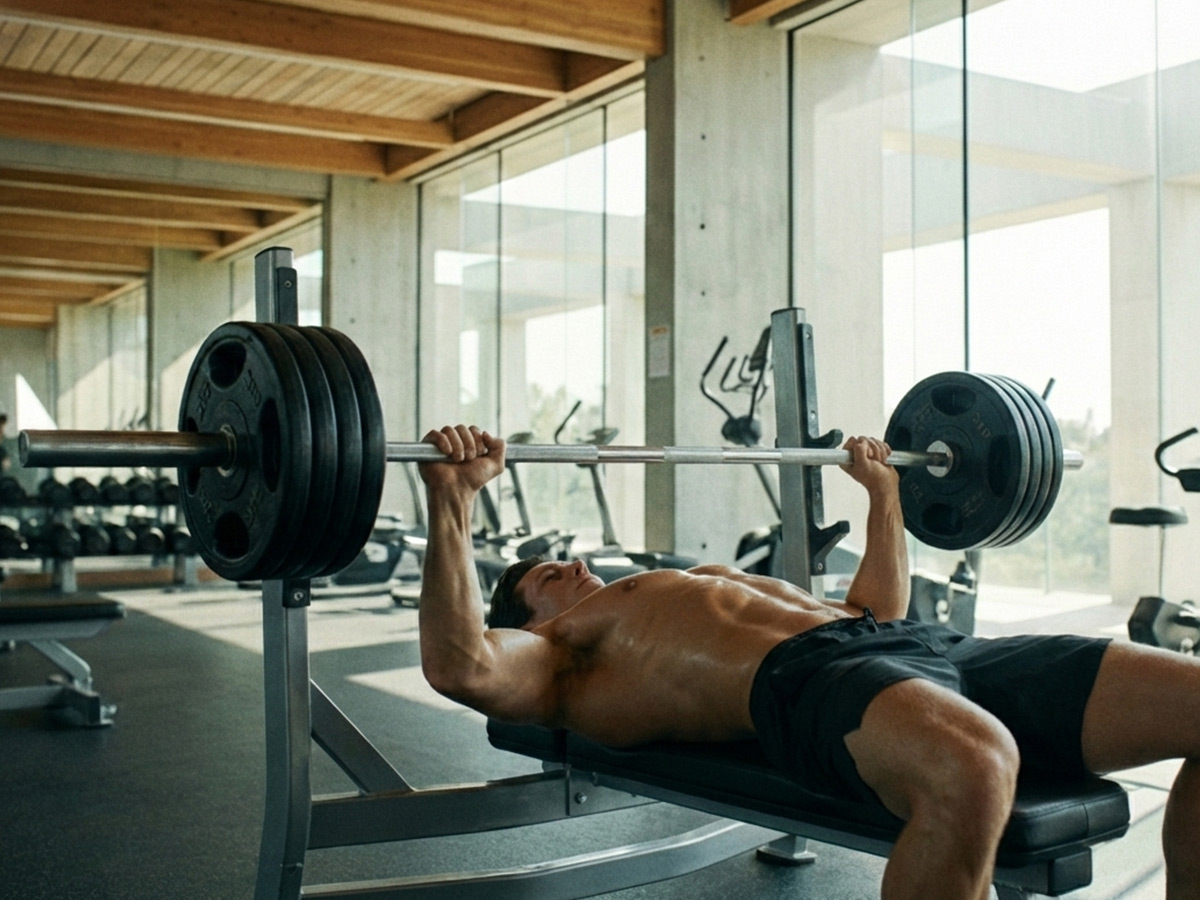 Entrenamiento de pecho en press banca con barra en gimnasio iluminado con luz natural