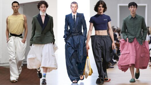 Collage que muestra a varios modelos de diferentes firmas desfilando en una pasarela con la tendencia de primavera 2026 pantalones XXL