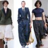 Collage que muestra a varios modelos de diferentes firmas desfilando en una pasarela con la tendencia de primavera 2026 pantalones XXL