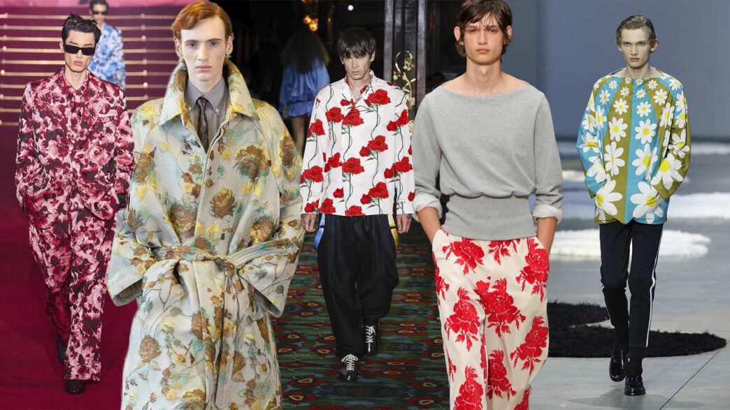 Collage con diferentes modelos en los desfiles de primavera 2026 vestidos con prendas con estampados de flores