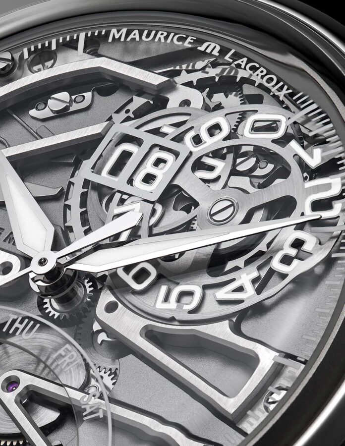Detalle de la gran fecha y los componentes visibles en la esfera del Maurice Lacroix 1975 Master Grand Date Retrograde