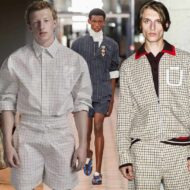 El regreso del micro cuadro: el estampado discreto que dominará el armario masculino esta primavera 2026 collage que muestra a diferentes modelos masculinos desfilando con ropa con tejido de micro cuadros.