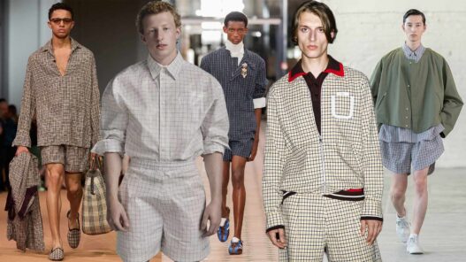 collage que muestra a diferentes modelos masculinos desfilando con ropa con tejido de micro cuadros.