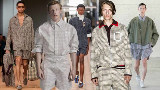 collage que muestra a diferentes modelos masculinos desfilando con ropa con tejido de micro cuadros.